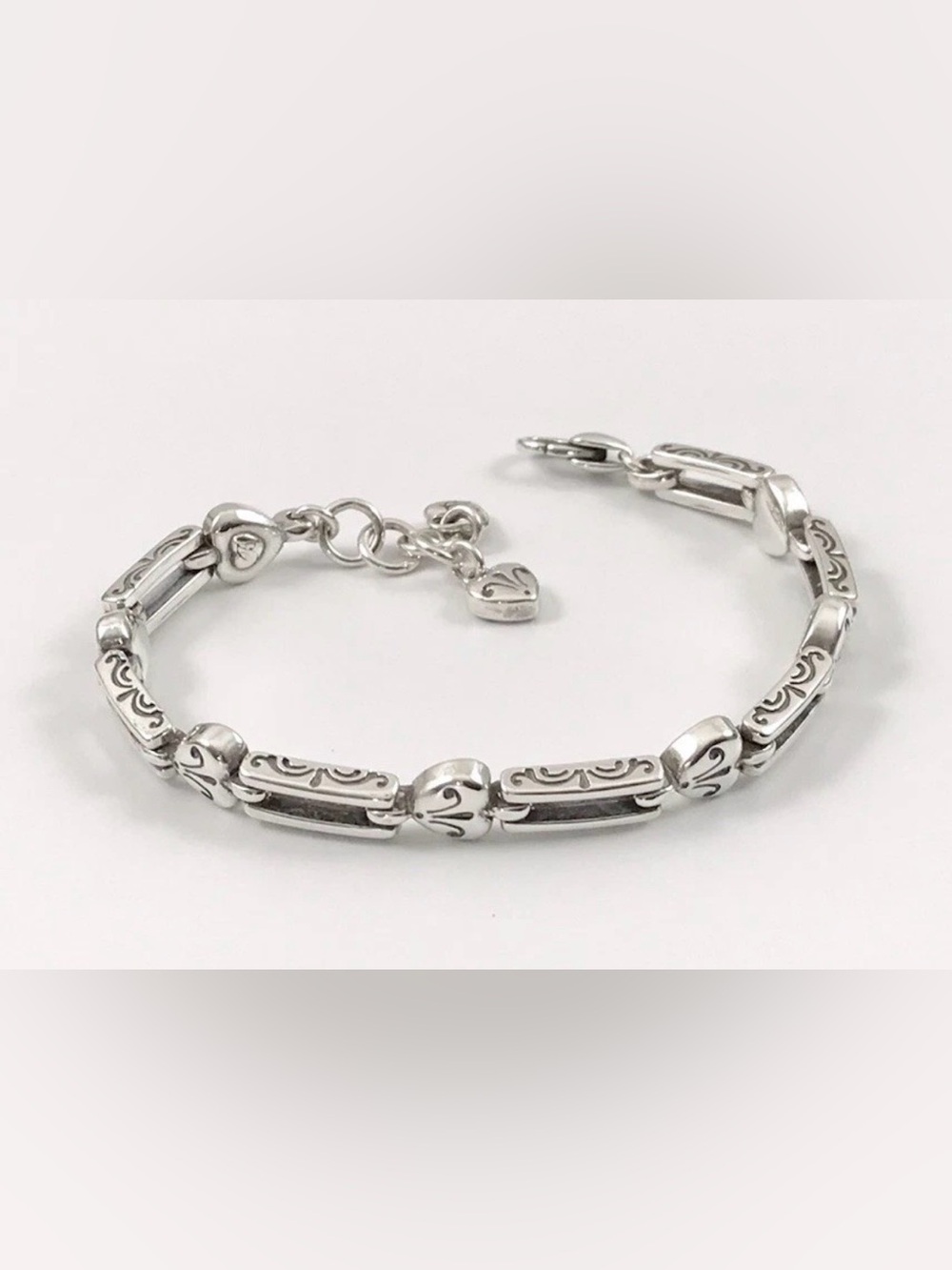 Brighton “Pompeii” Scroll Heart Link Bracelet Signed Silver Plated